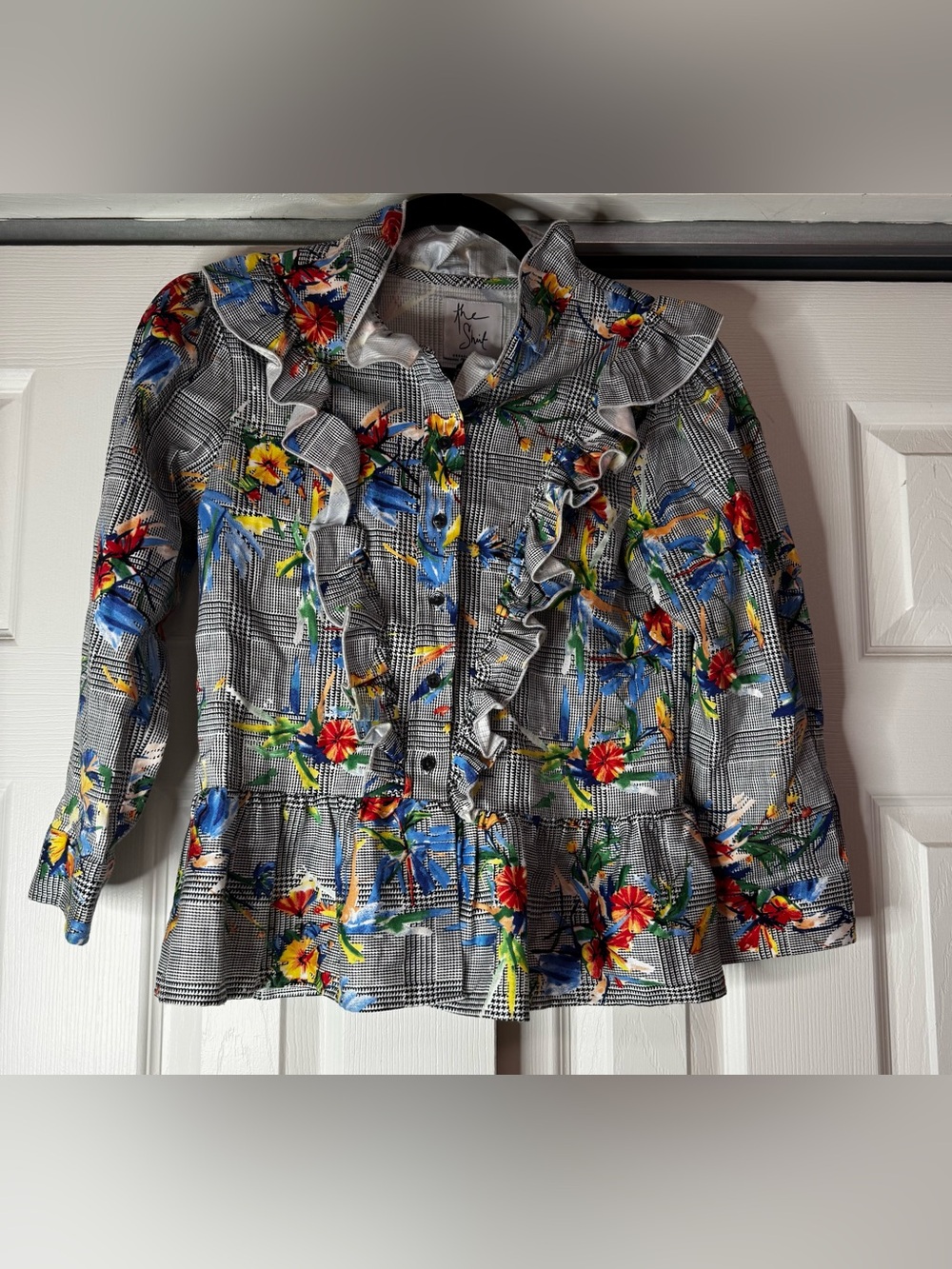 The Shirt Rochelle Behrens Black Houndstooth Floral ButtonFront Blouse-Size XS - Picture 2 of 5